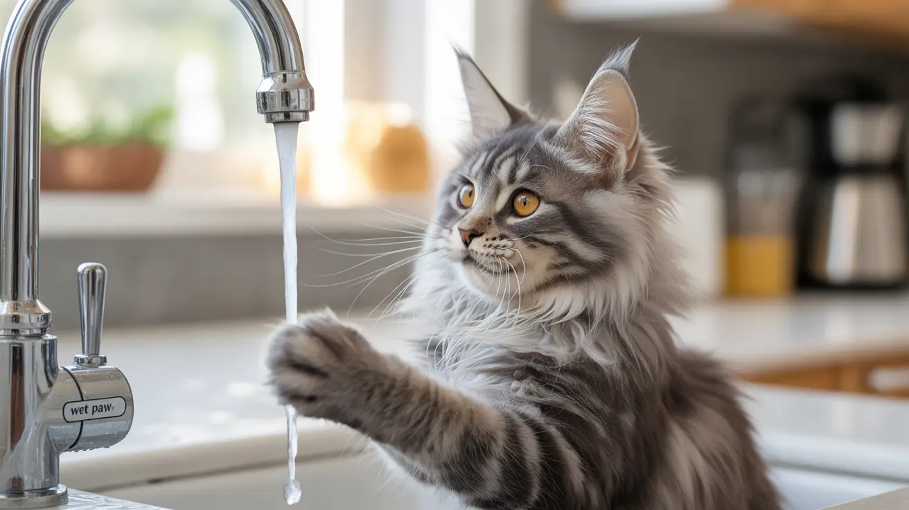 A fluffy Maine Coon cat reaching towards a running kitchen faucet with its paw