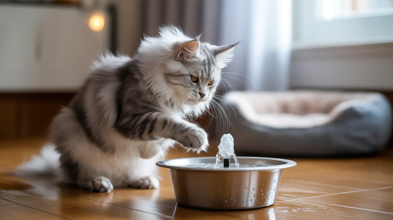 A fluffy Maine Coon cat curiously investigating a water fountain bowl with a small water jet