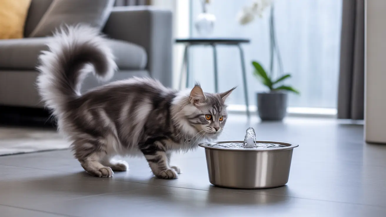A fluffy Maine Coon cat examining a metal water fountain in a minimalist living room