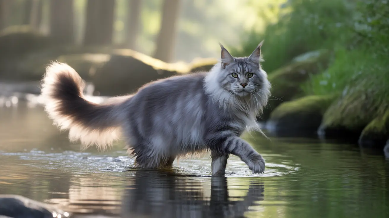 A majestic Maine Coon cat wading through a shallow stream in a lush forest setting