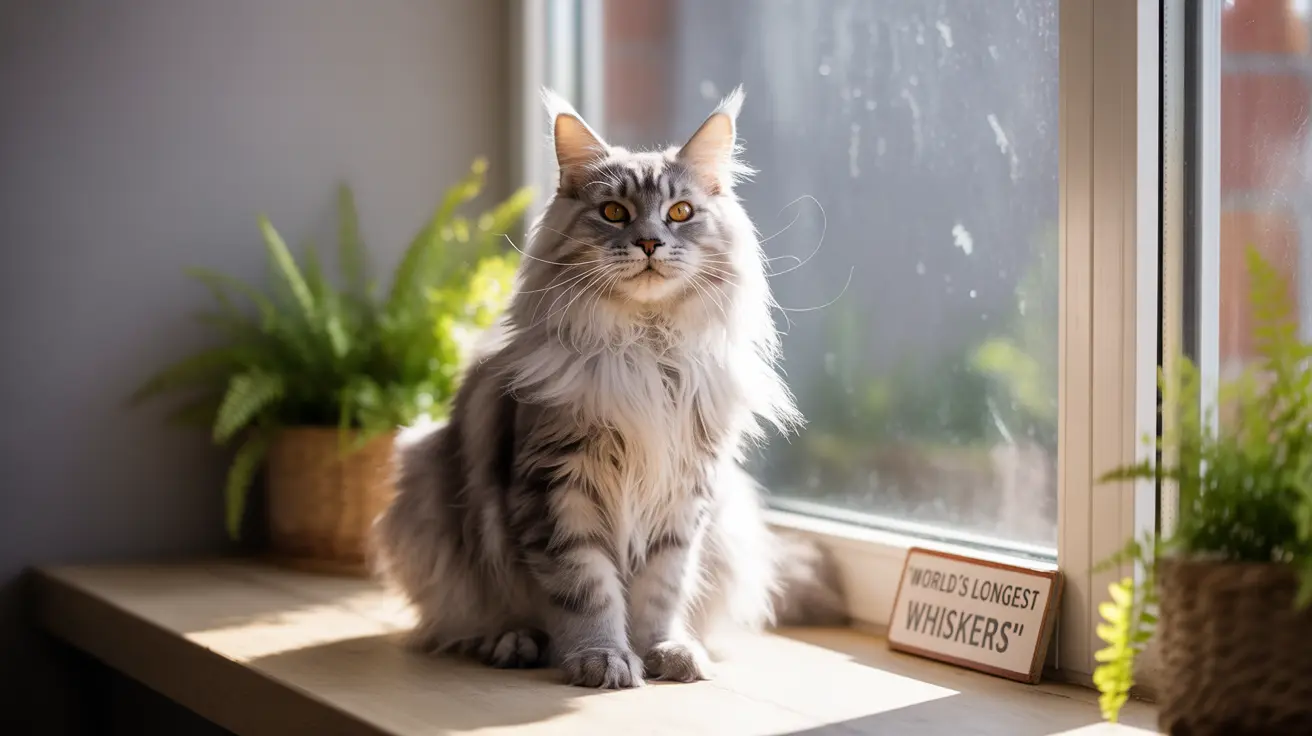 A majestic Maine Coon cat sitting regally on a windowsill with plants and a humorous sign about whiskers