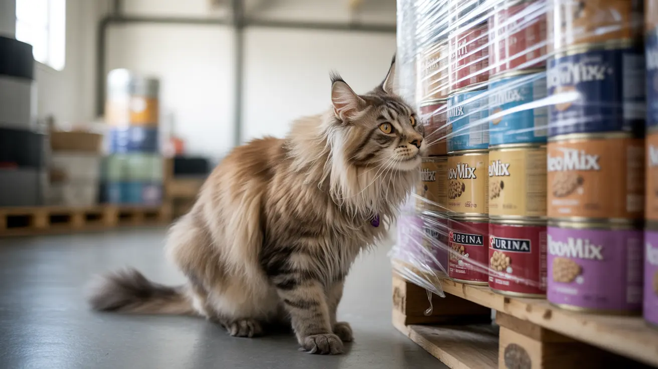 A large, fluffy Maine Coon cat sitting next to stacks of cat food cans in a warehouse