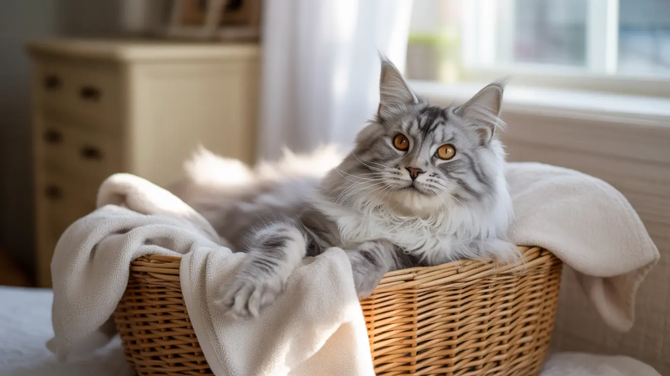 Gato Maine Coon gris y blanco descansando cómodamente en cesta de mimbre tejida con manta blanca suave