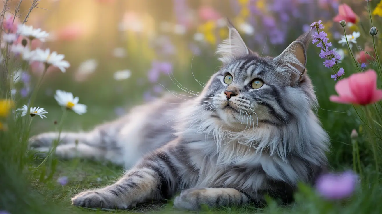 A majestic Maine Coon cat lounging gracefully in a vibrant wildflower meadow