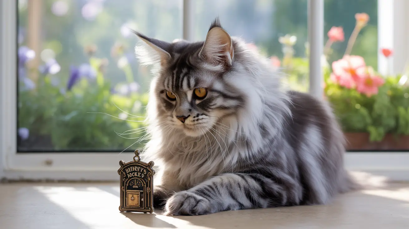 Majestic Maine Coon cat sitting near a window with a decorative antique clock