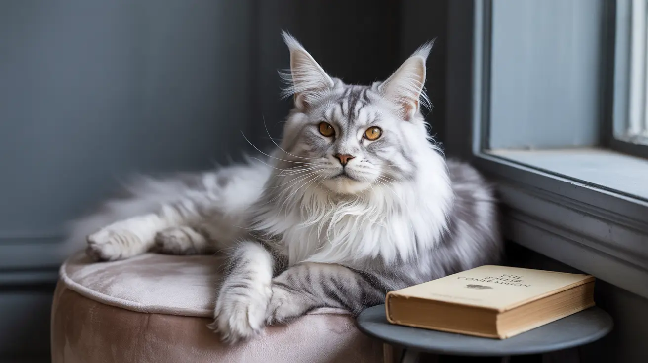 A majestic white and silver Maine Coon cat resting elegantly near a window with a book nearby