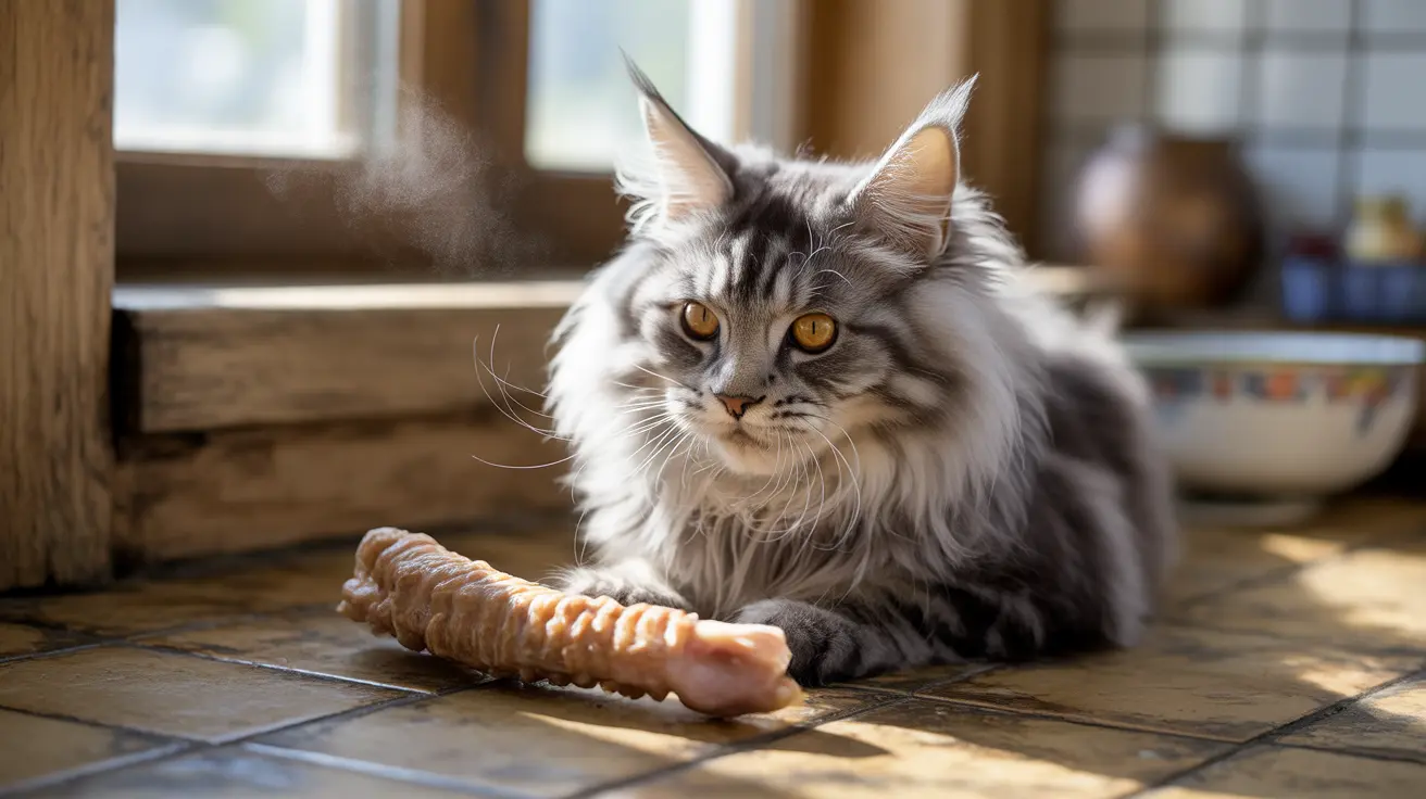 Majestic Maine Coon cat sitting near a window with a large treat or chew in front of it