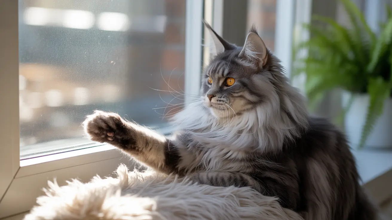 Majestic Maine Coon cat sitting by a window with one paw raised, looking contemplatively outside