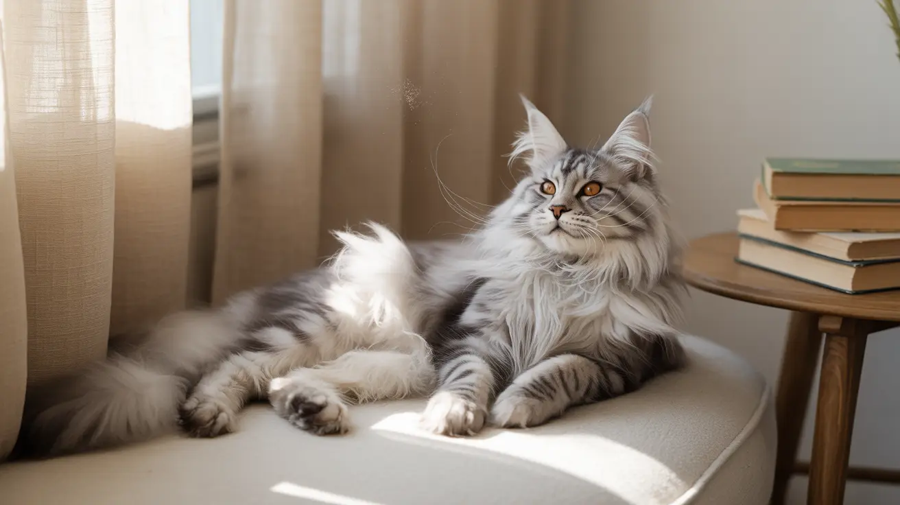 窓際の明るい色のクッションチェアの上で優雅にくつろぐ威厳あるメインクーン猫