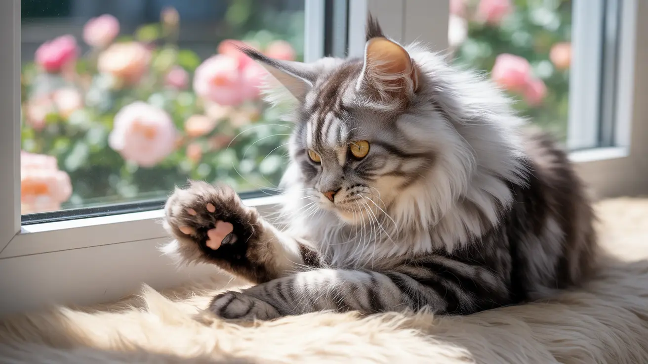 A majestic Maine Coon cat lounging gracefully by a window with pink flowers in the background