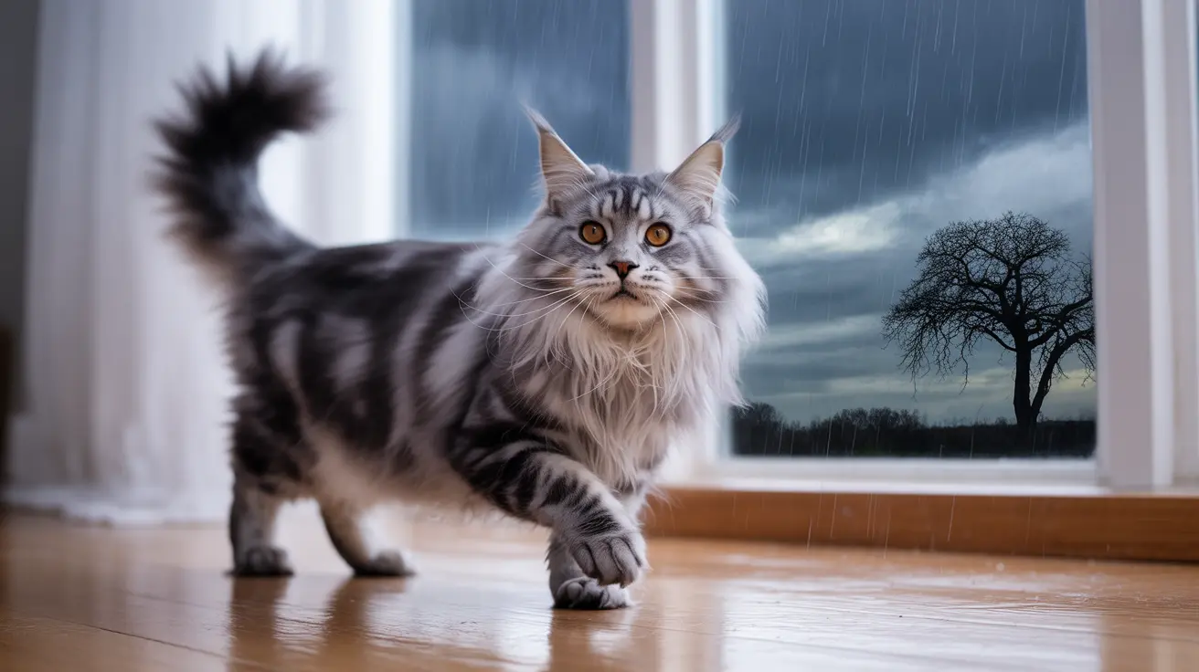 A majestic Maine Coon cat standing on a wooden floor near a window with a rainy landscape in the background