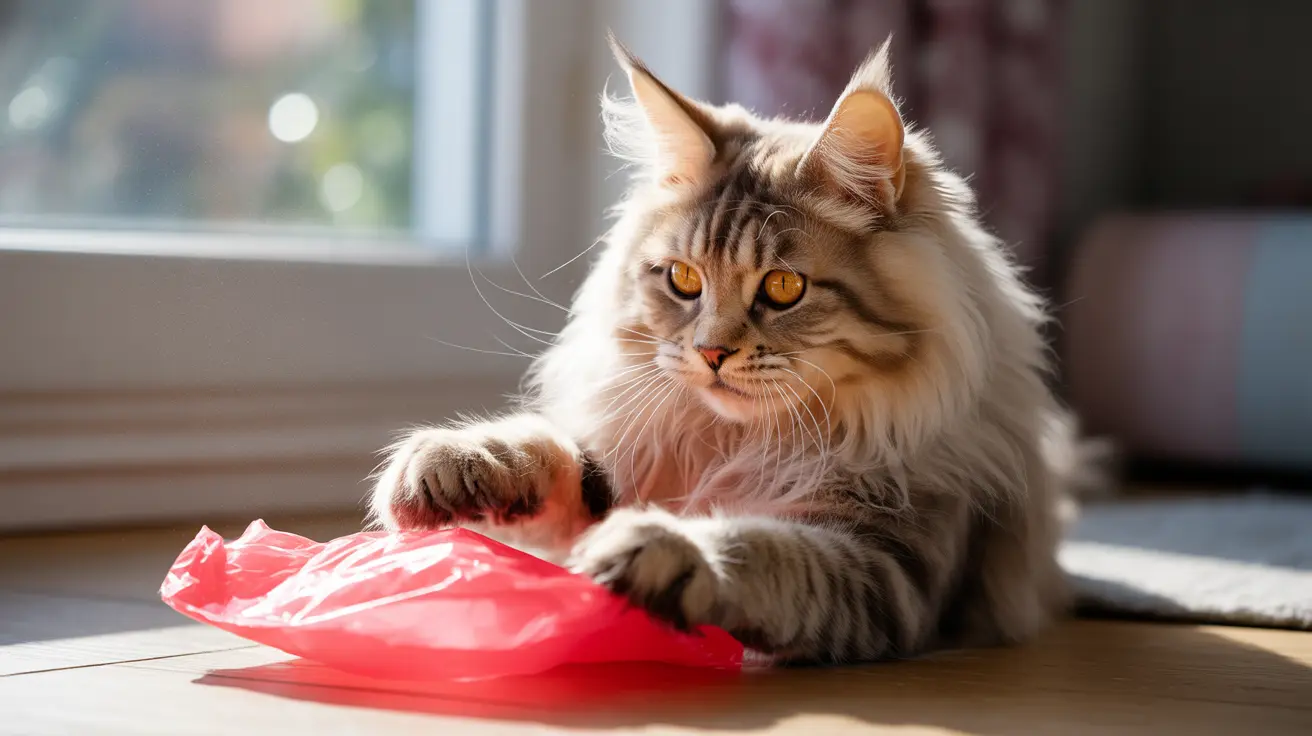 A fluffy Maine Coon cat lounging near a window with a bright red plastic bag