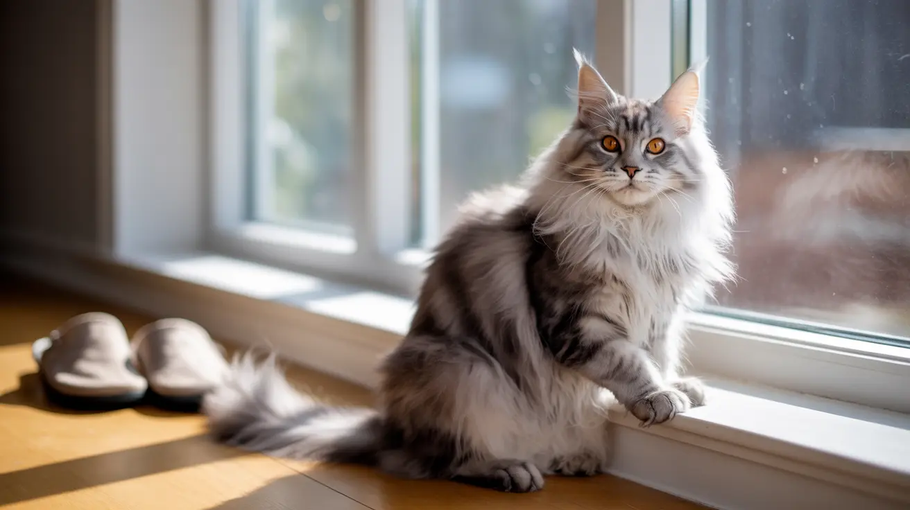A majestic Maine Coon cat sitting by a window, looking regal and alert