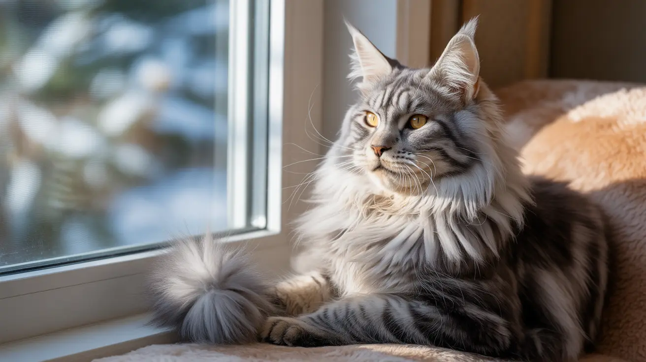 Un gato Maine Coon majestuoso sentado con porte regio junto a una ventana en un día soleado