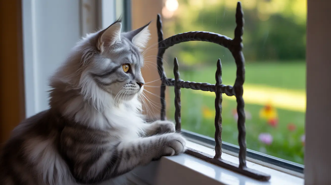 A majestic Maine Coon cat sitting by a window, looking out at a garden with a thoughtful expression.