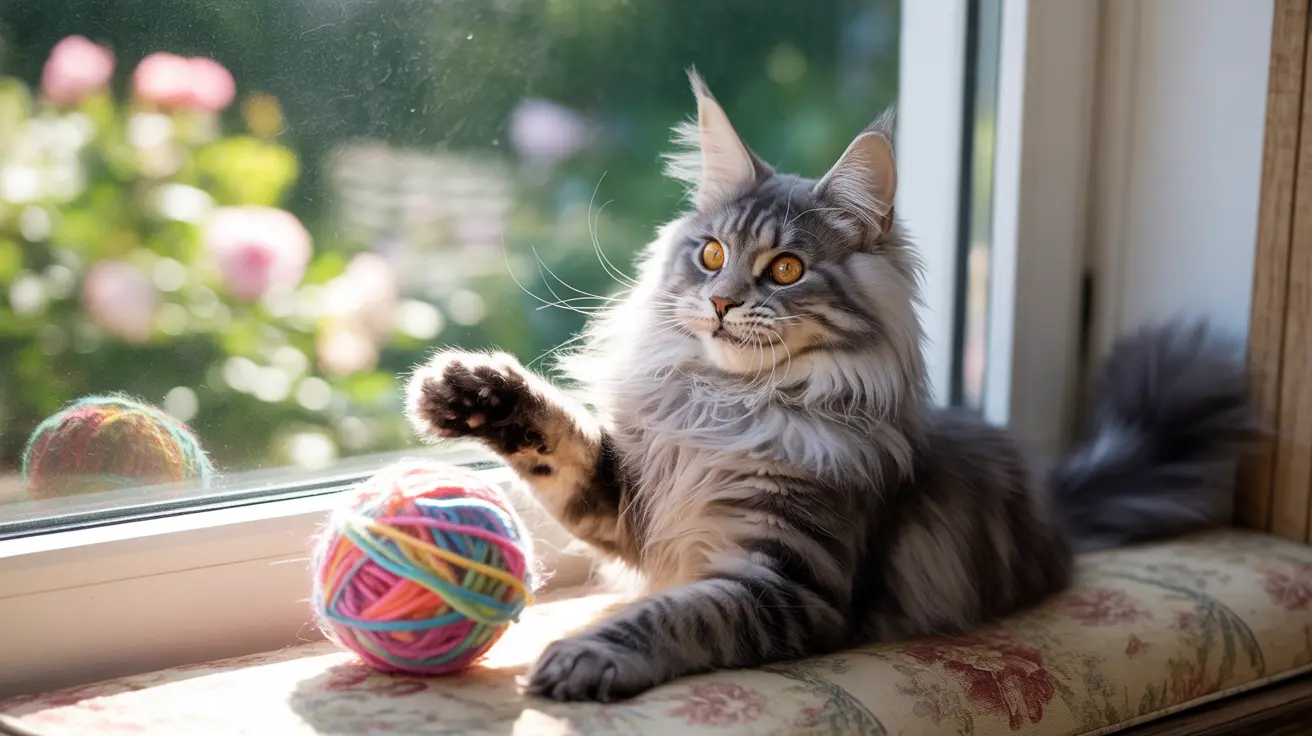 色とりどりの毛糸玉が近くにある窓辺に優雅に座っている雄大なメインクーンの猫