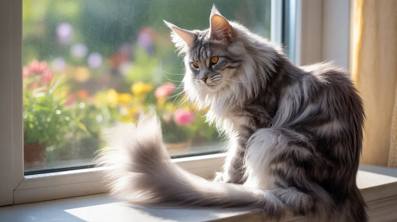 Majestic Maine Coon cat sitting on a windowsill looking pensively out at a colorful garden