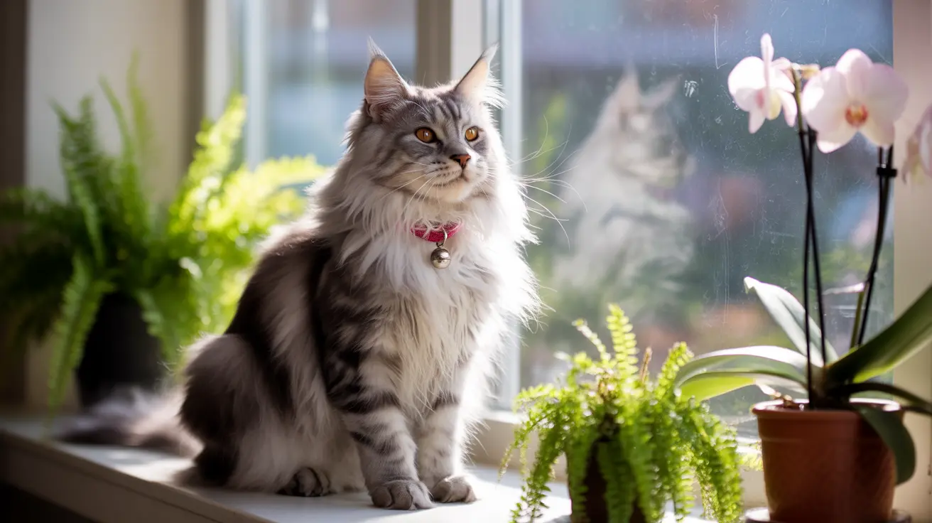 Majestic Maine Coon cat sitting on a windowsill surrounded by houseplants and an orchid