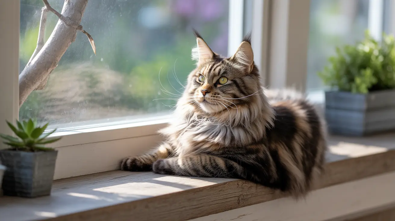 A majestic Maine Coon cat sitting gracefully on a wooden windowsill bathed in soft natural light