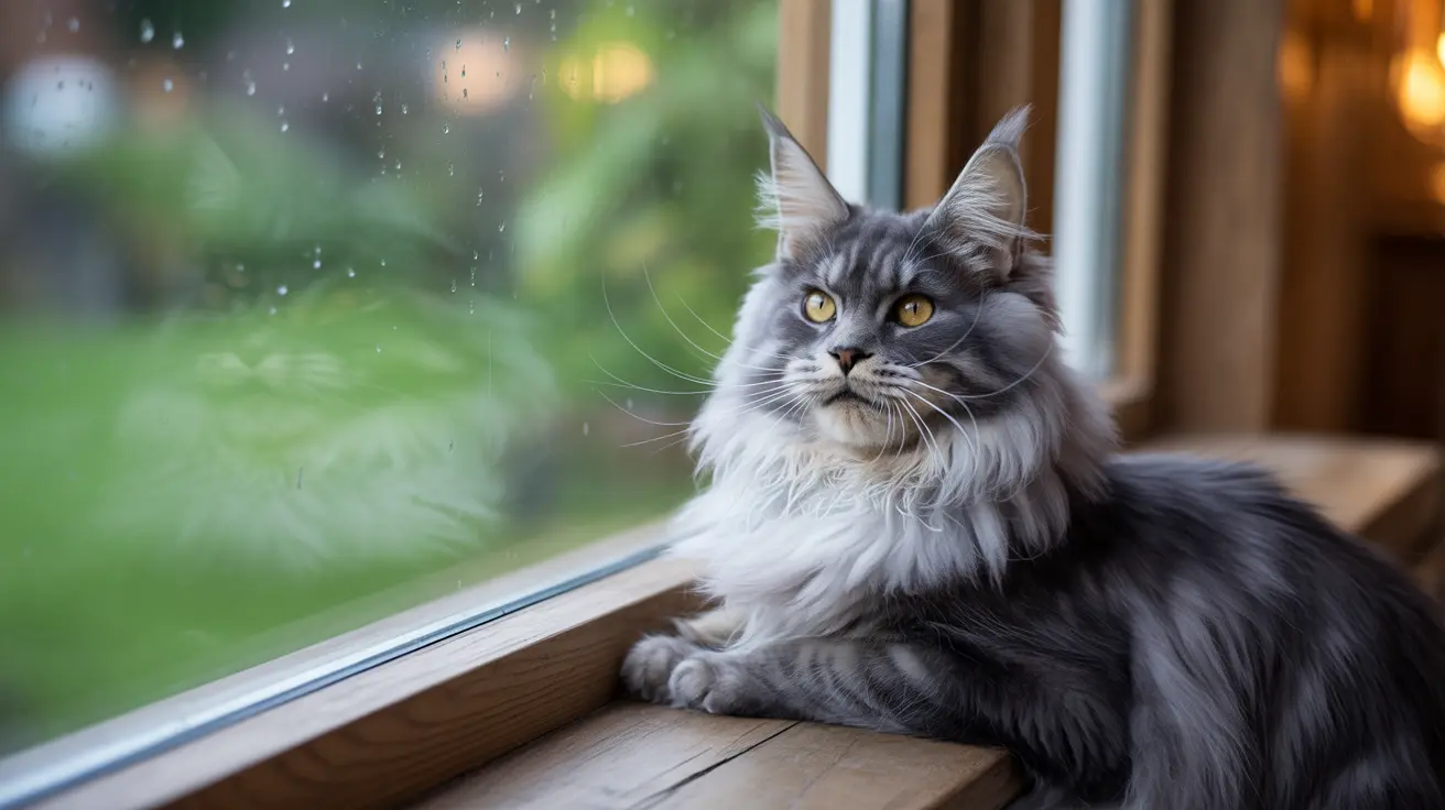 Majestic Maine Coon cat sitting on a windowsill looking thoughtfully outside on a rainy day