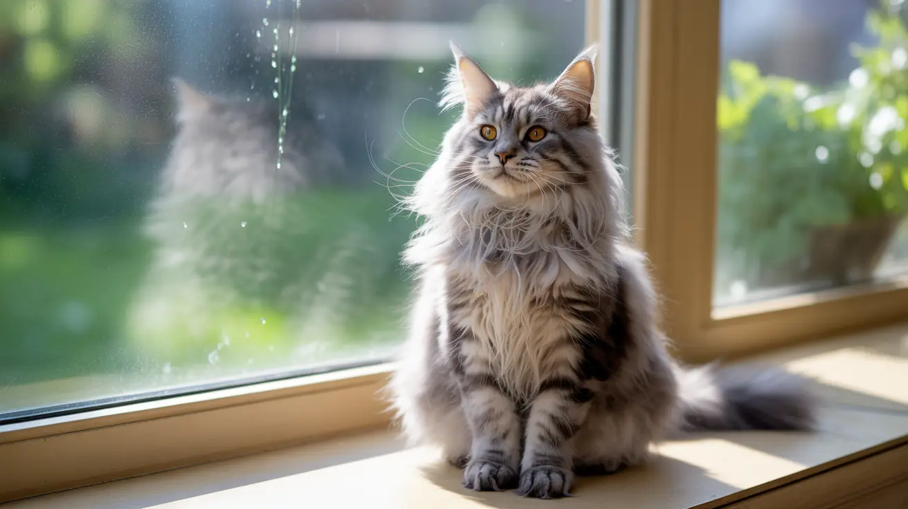窓辺に威厳を持って座る壮麗なメインクーンの猫。窓には水滴があり、柔らかな自然光が差し込んでいる。