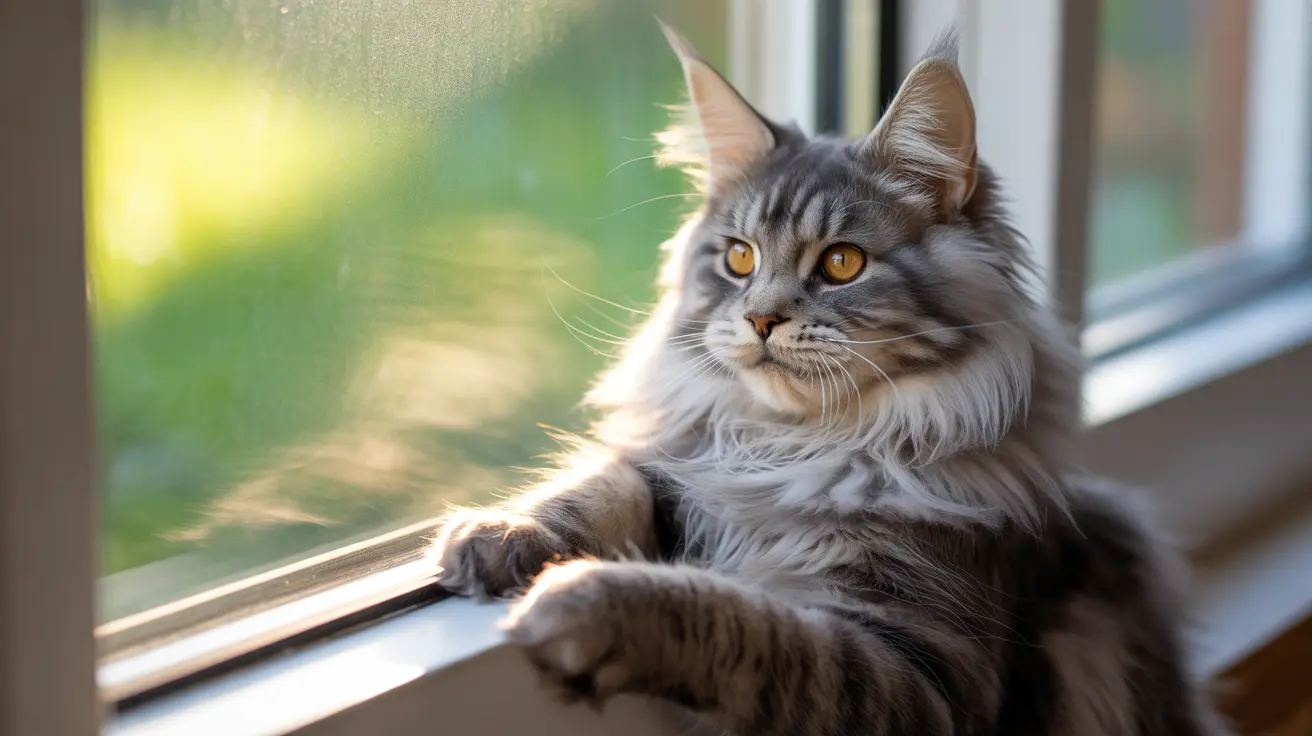 Maine Coon cat with amber eyes sitting on a sunlit windowsill