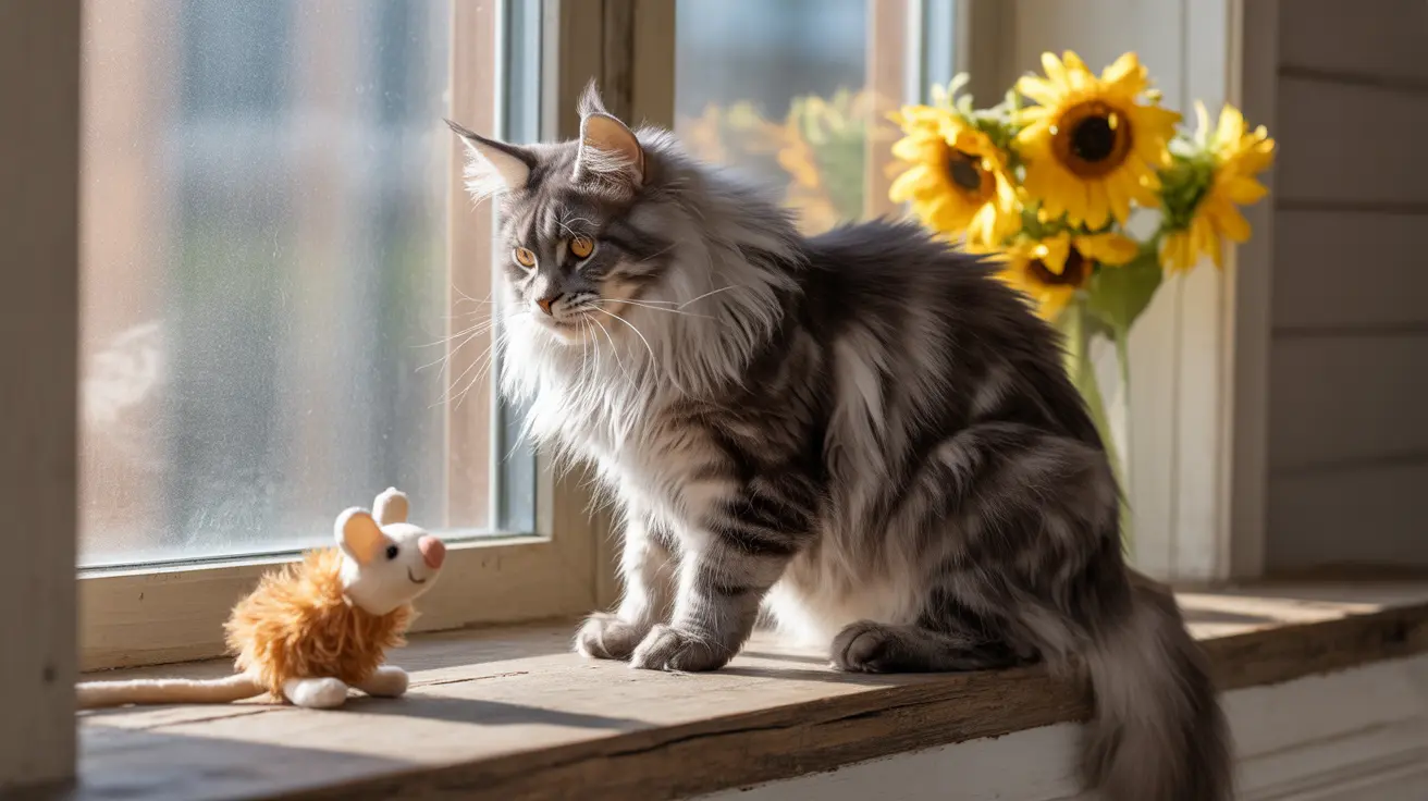 Majestic Maine Coon cat sitting on a windowsill next to a stuffed mouse toy with sunflowers in the background