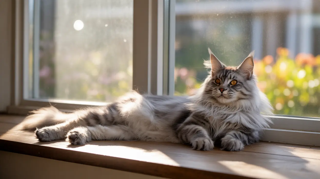 A majestic Maine Coon cat lounging on a windowsill in soft sunlight