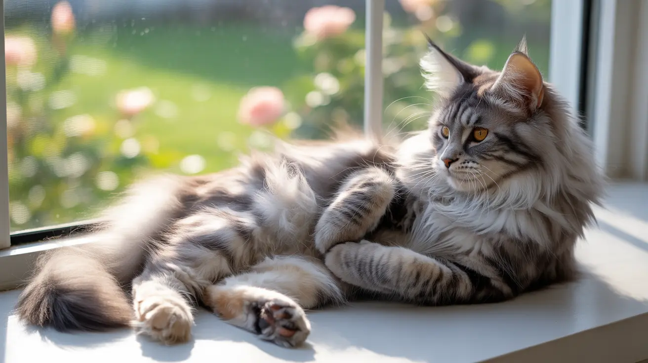 ふわふわしたメインクーンの猫が窓辺で穏やかにくつろぎ、やわらかな日差しを浴びている様子