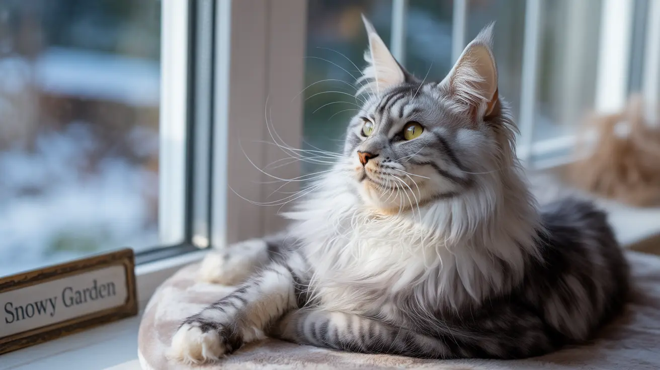 A majestic silver and white Maine Coon cat sitting near a window on a wintry day