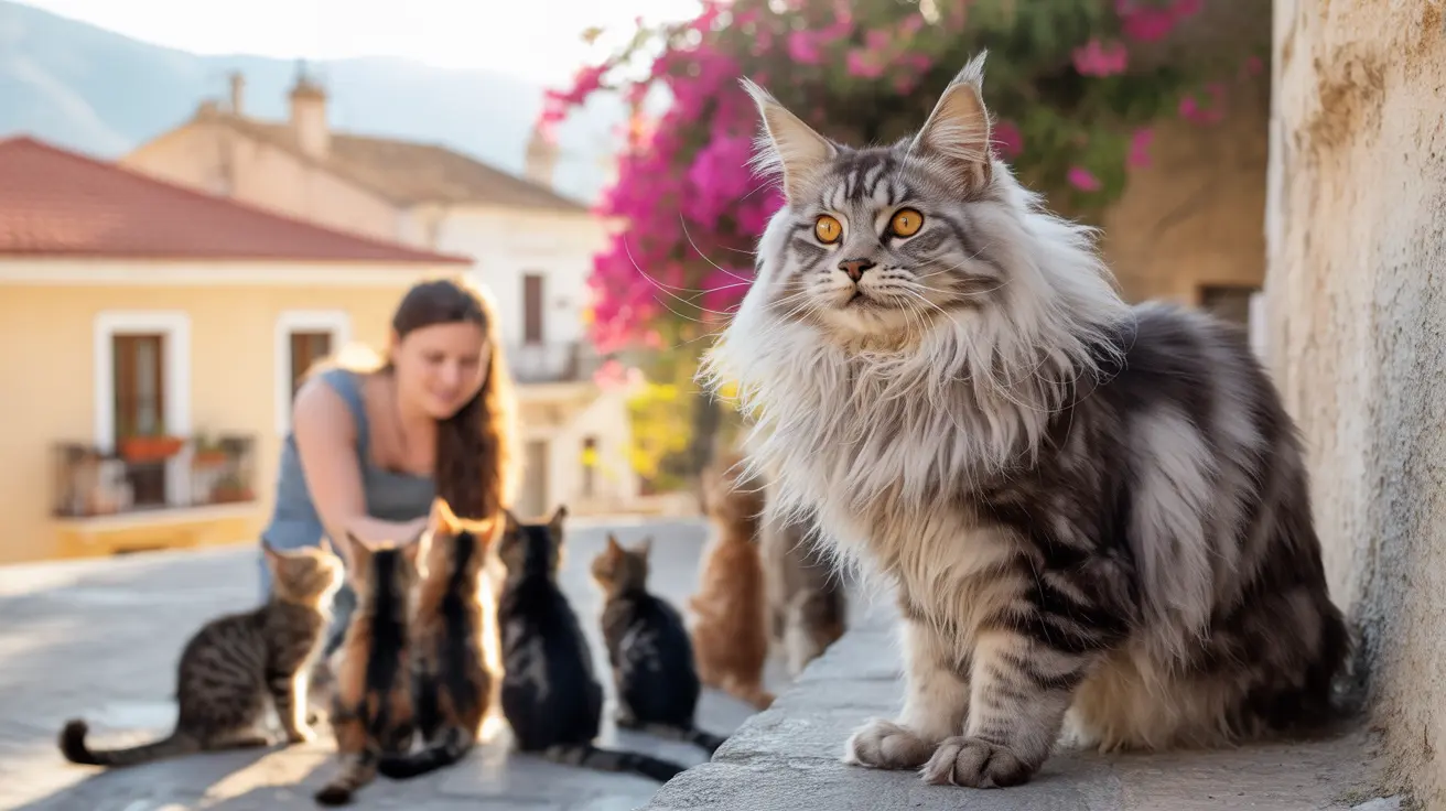 Maine Coon cat in foreground with woman feeding cats on a Mediterranean street