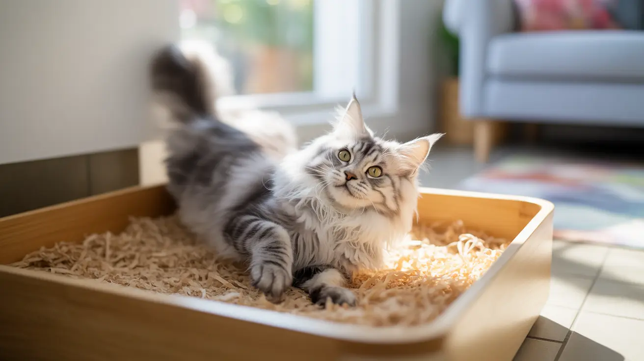 木屑が敷かれた木製の猫トイレに座っているふわふわのメインクーン猫