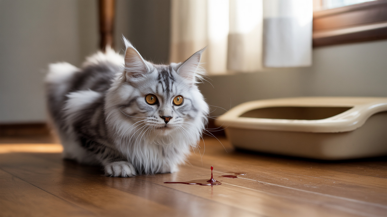 Fluffy white and gray Maine Coon cat sitting on wooden floor near a small blood droplet
