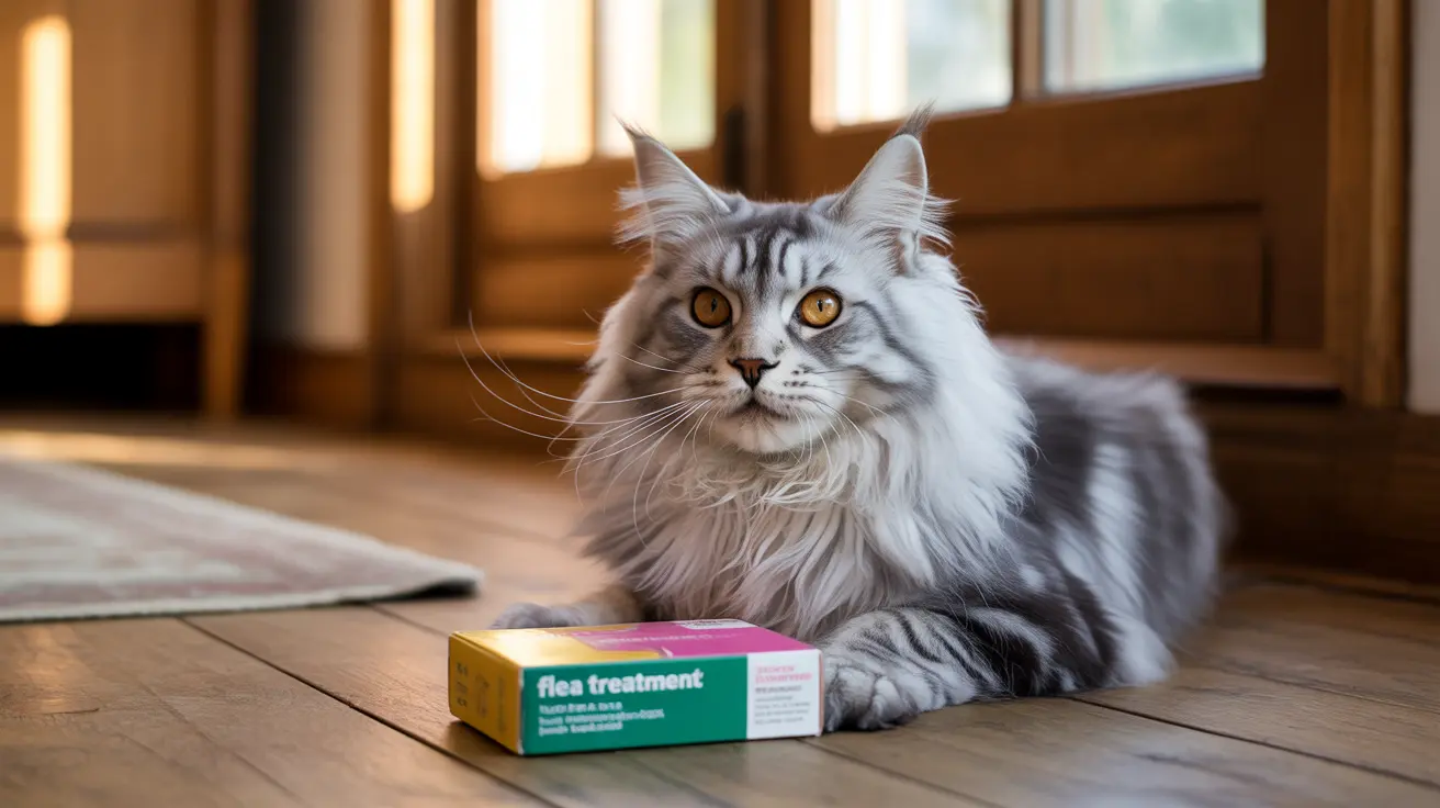 Fluffy Maine Coon cat sitting on wooden floor near colorful flea treatment box in warm sunlit room