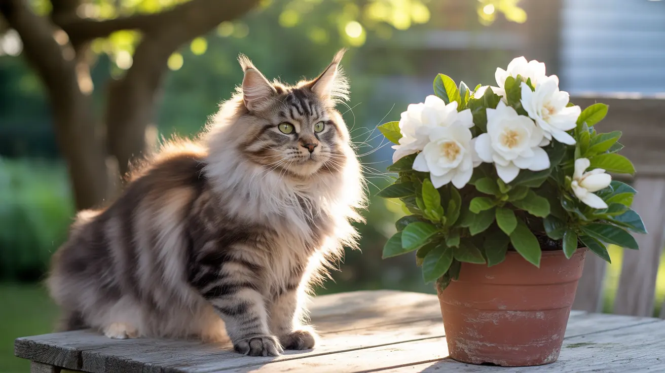 Majestic Maine Coon cat sitting elegantly on a wooden surface next to a potted white flower plant
