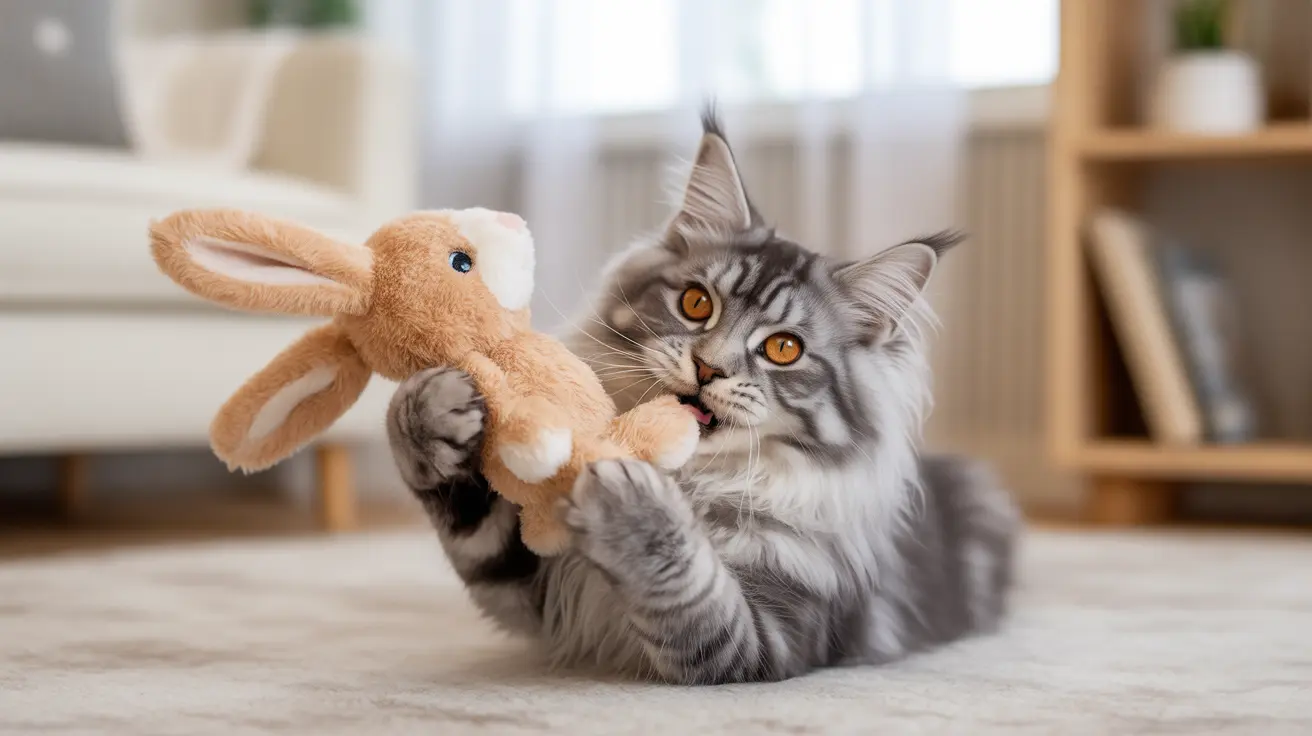 Gray and white Maine Coon cat playfully wrestling with a soft tan bunny plush toy