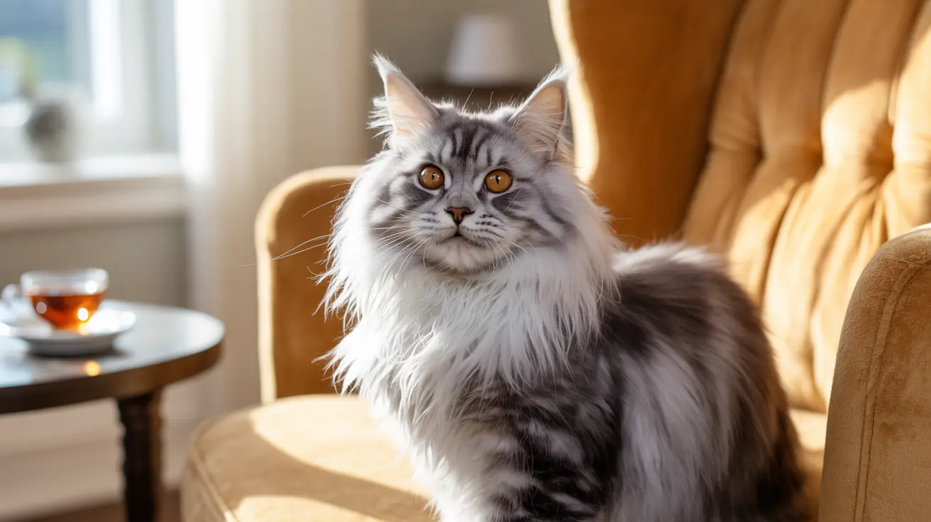 A majestic Maine Coon cat sitting regally on a yellow armchair in a sunlit room