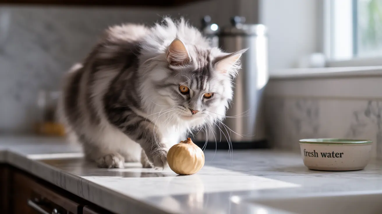 A fluffy gray and white Maine Coon cat examining a small yellow onion on a marble kitchen counter