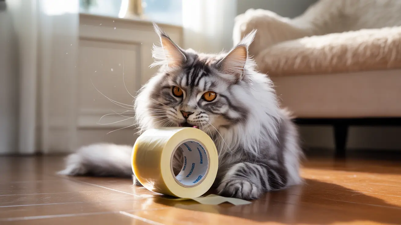 A fluffy Maine Coon cat sitting on a wooden floor near a roll of yellow tape