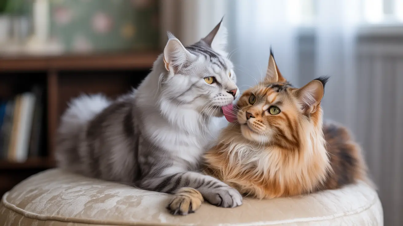 Two Maine Coon cats on a cushioned chair, one grooming the other
