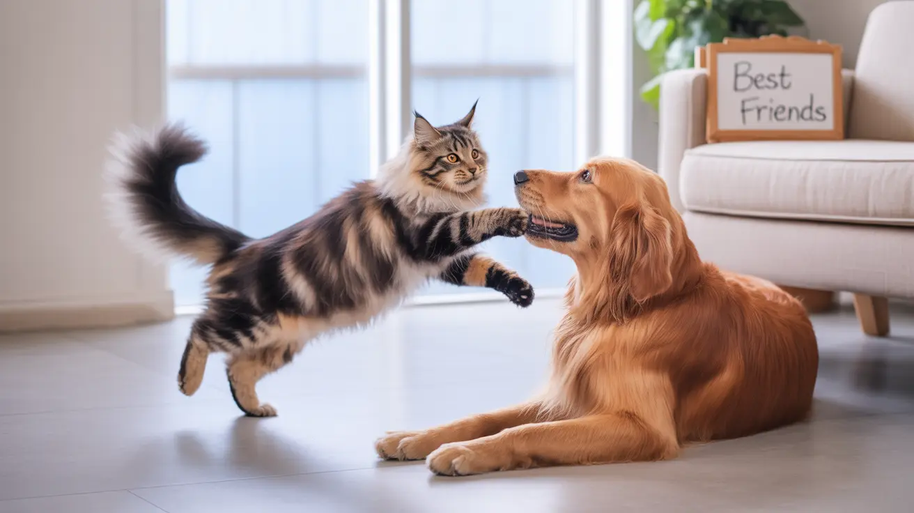 A playful Maine Coon cat interacting with a Golden Retriever inside a cozy living room
