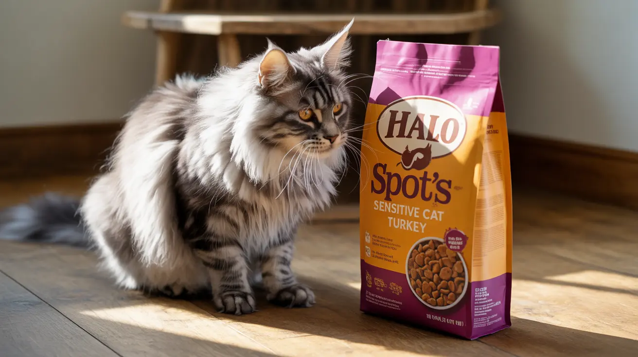 Fluffy Maine Coon cat beside Halo Spot's Sensitive Cat Turkey food bag
