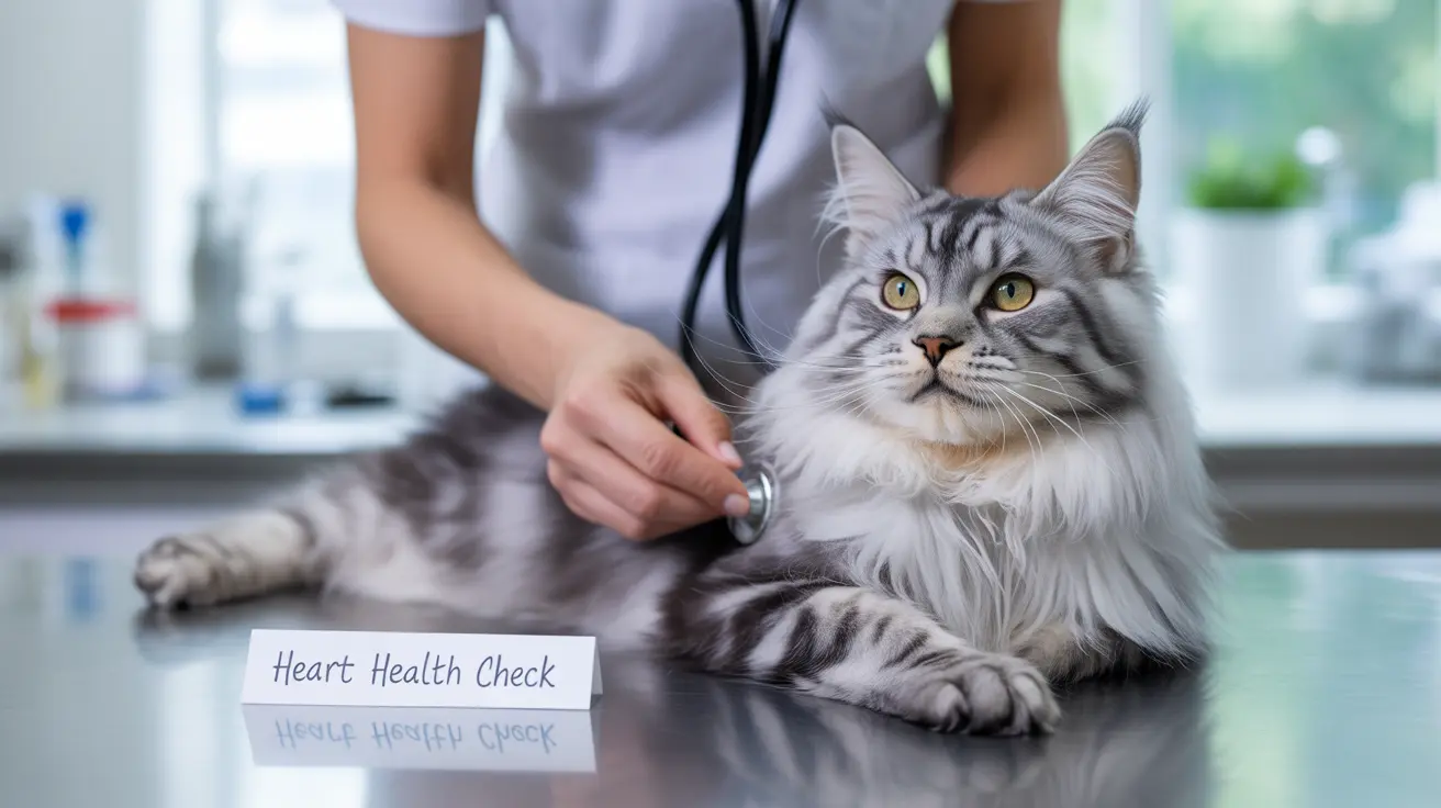 A fluffy gray and white Maine Coon cat receiving a veterinary heart health examination