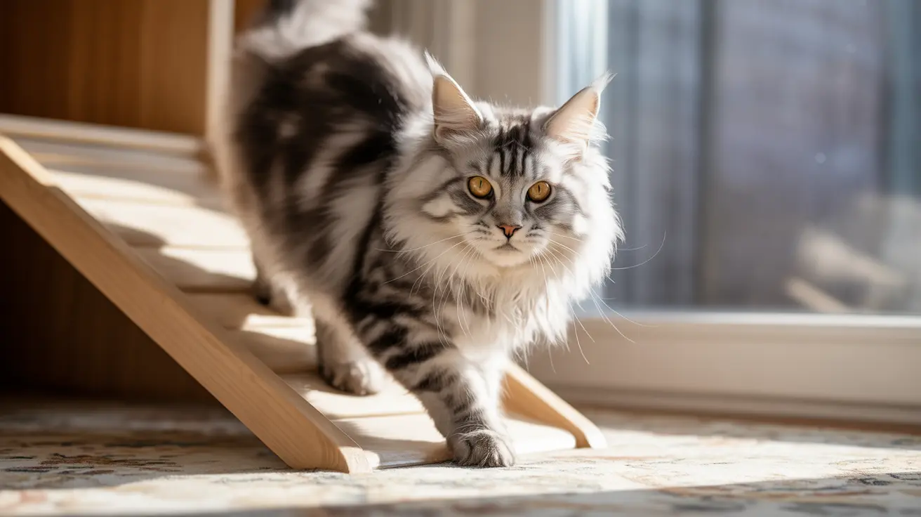 A majestic Maine Coon cat standing on a wooden ramp near a window, bathed in soft sunlight