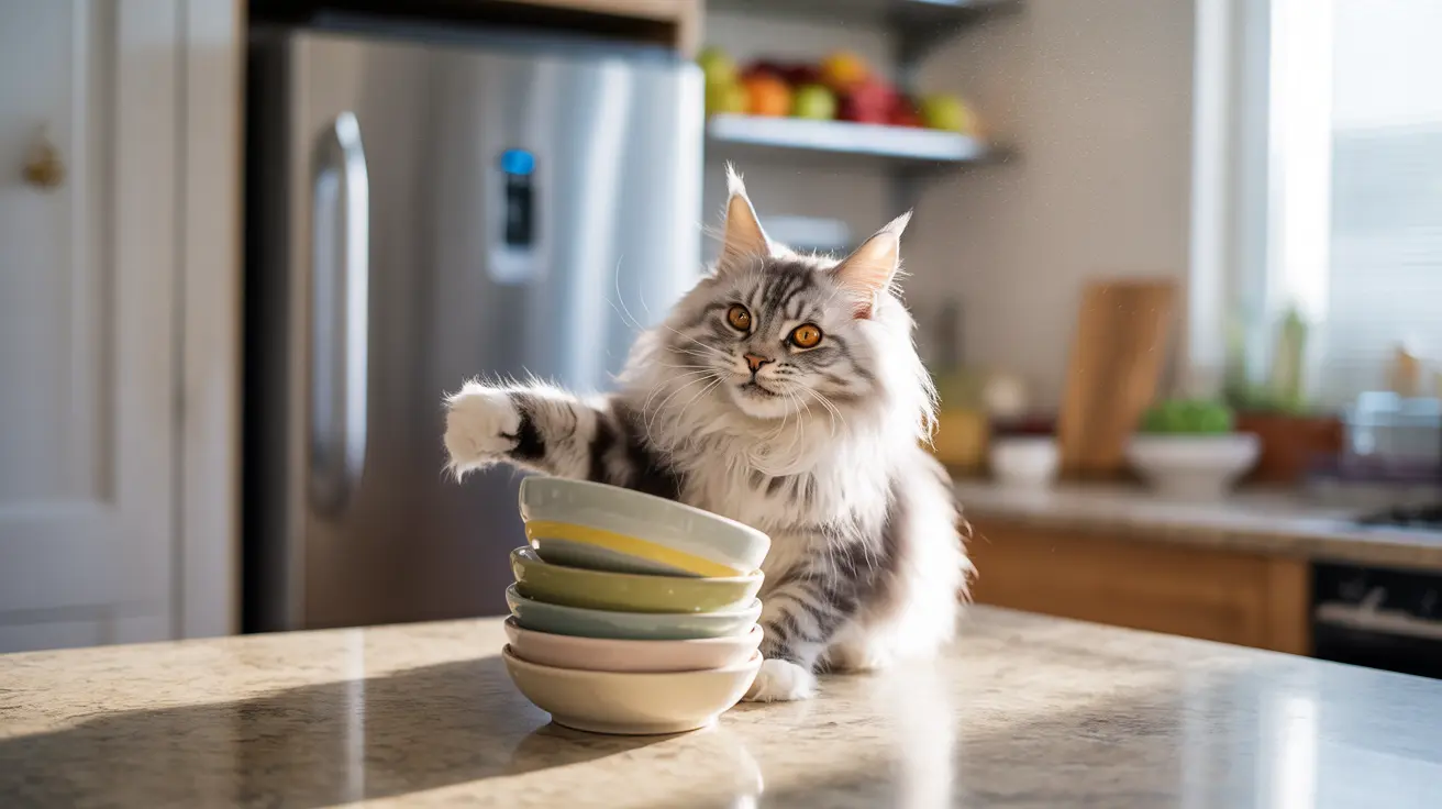 A fluffy Maine Coon cat on a kitchen counter with colorful bowls, extending a paw