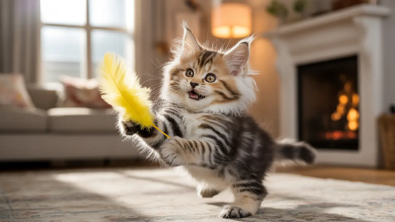 Playful Maine Coon kitten batting a bright yellow feather toy near a warm fireplace