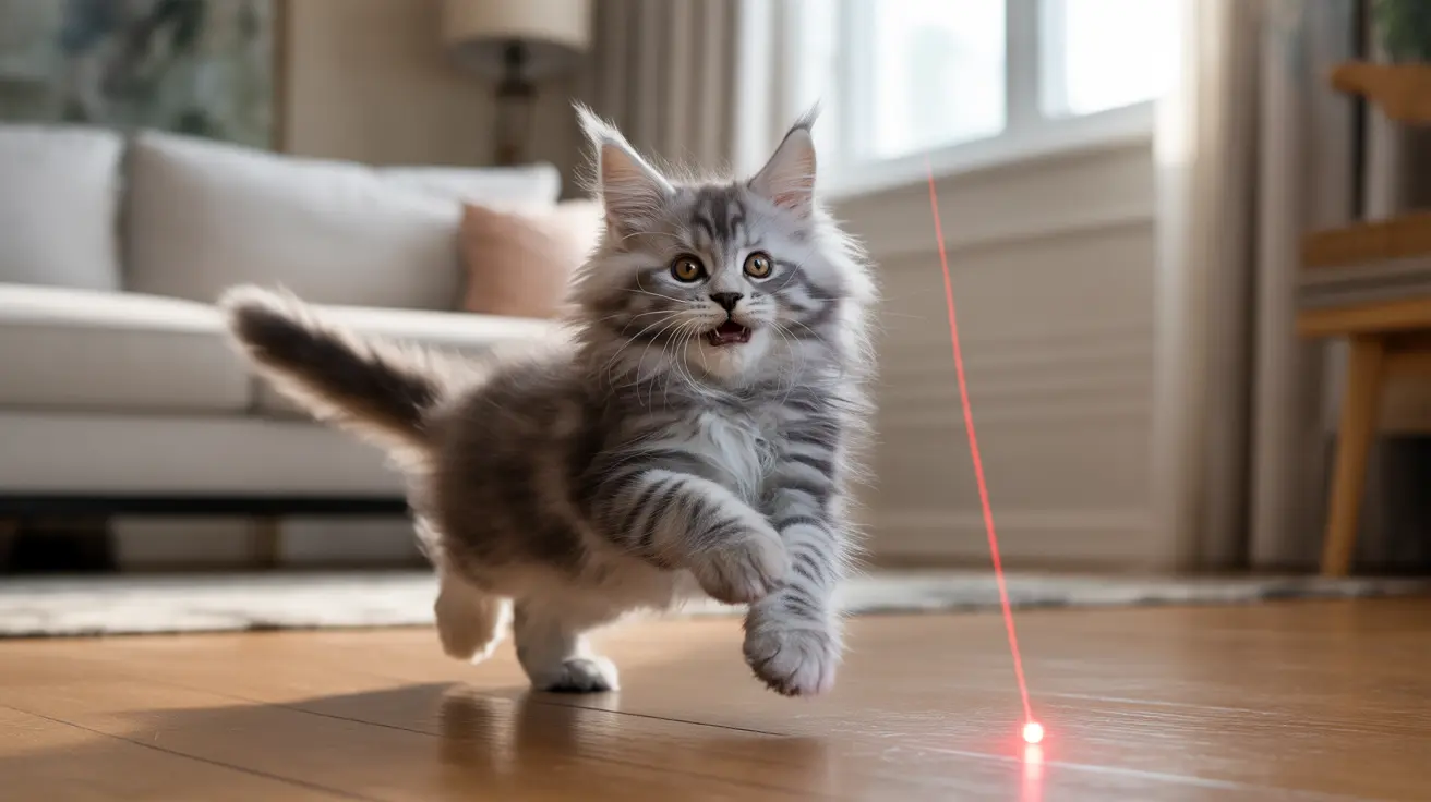 Fluffy Maine Coon kitten chasing red laser pointer on hardwood floor in living room