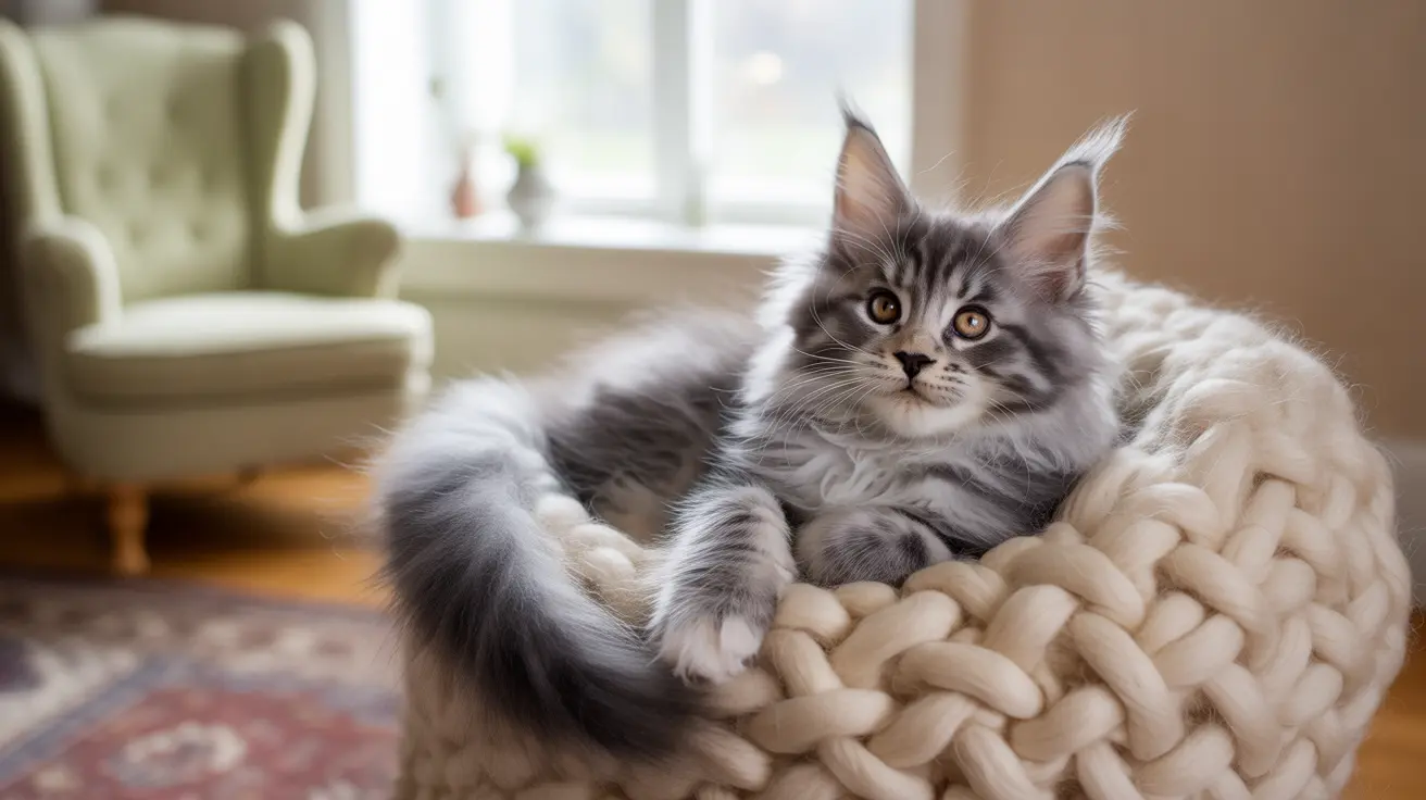 Fluffy Maine Coon kitten with tabby markings resting in a chunky knit blanket in a cozy living room