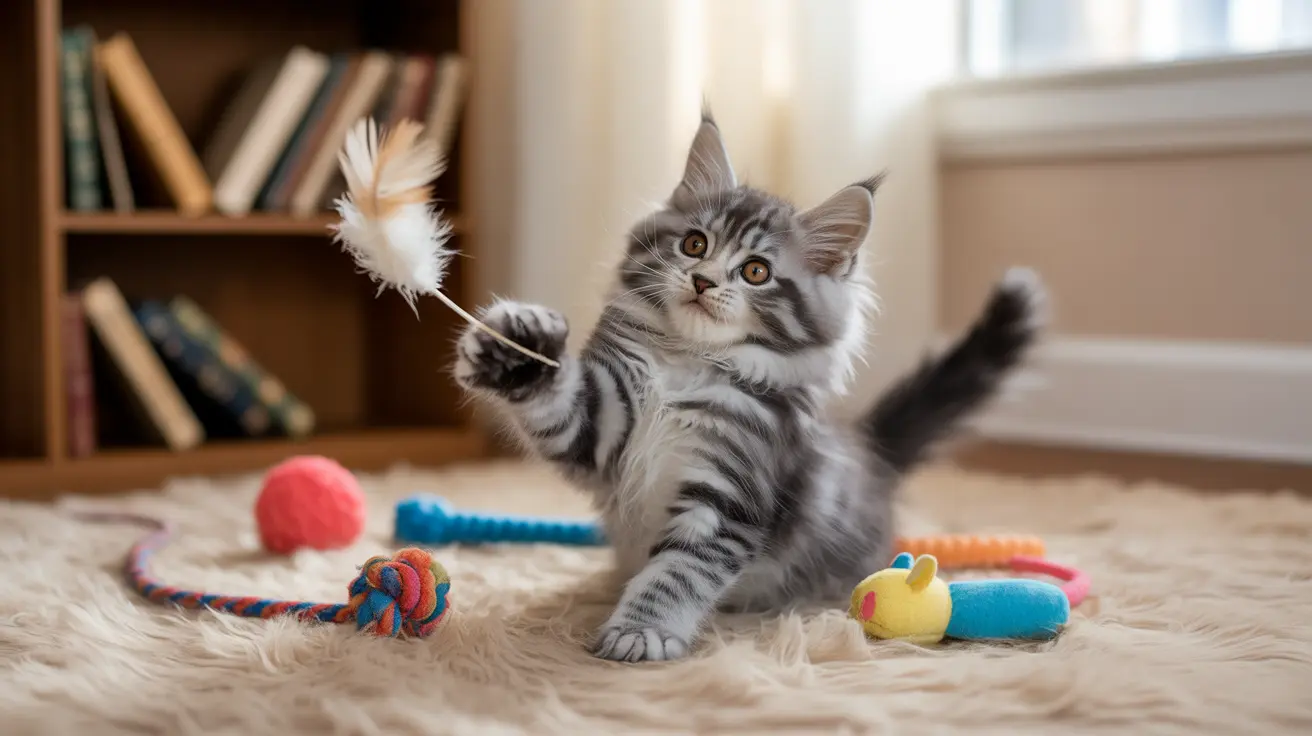 遊び好きなメインクーンの子猫が、色とりどりのおもちゃに囲まれながら羽のおもちゃを叩いている様子