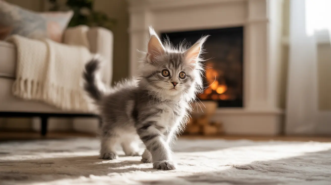 ふわふわのメインクーンの子猫が暖炉のそばのカーペットの上で警戒しながら立っている様子